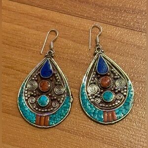 Vintage Bohemian Teardrop Earrings with Coral,Turquoise,Lapis Set In Silver 25gr